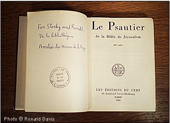 A gift copy of the Book of Psalms given in friendship from the monks of the Abbey of La Trappe to Stanley Roseman and Ronald Davis. Photo  Ronald Davis