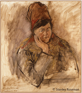 Painting by Stanley Roseman of the Saami woman Bier Ante Ris'ten, Lappland, 1976, Collection of Ronald Davis.  Stanley Roseman