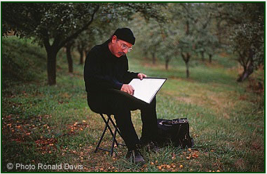Stanley Roseman drawing in an orchard in France, 2009.  Photo by Ronald Davis