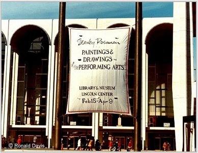Lincoln Center Plaza with the banner announcing the exhibition "Stanley Roseman - The Performing Arts in America" at the Library and Museum for the Performing Arts, Lincoln Center, New York City, 1977.  Stanley Roseman Ronald Davis