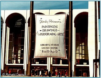 Lincoln Center Plaza with the banner announcing the exhibition "Stanley Roseman - The Performing Arts in America" at the Library and Museum for the Performing Arts, Lincoln Center, New York City, 1977.  Stanley Roseman Ronald Davis