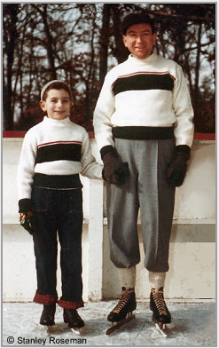 Photograph of Stanley Roseman and his father Bernard Roseman on an ice rink in Lakewood, New Jersey, 1954.