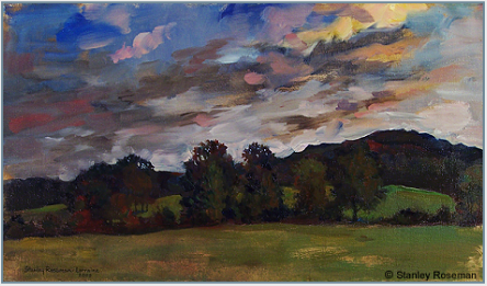 Painting by Stanley Roseman, "September Sunset, Pastures and Woodlands in Lorraine," 2009, Private collection, Switzerland. � Stanley Roseman