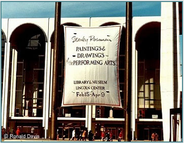 Lincoln Center Plaza with the banner announcing the exhibition "Stanley Roseman - The Performing Arts in America" at the Library and Museum for the Performing Arts, Lincoln Center, New York City, 1977.  Stanley Roseman and Ronald Davis
